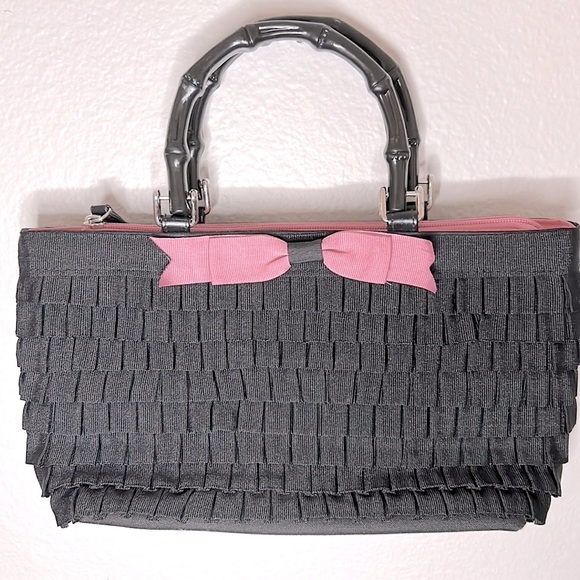 Pretty Black & Pink Bamboo Handle Zip Closure Tote Bag - Picture 1 of 12